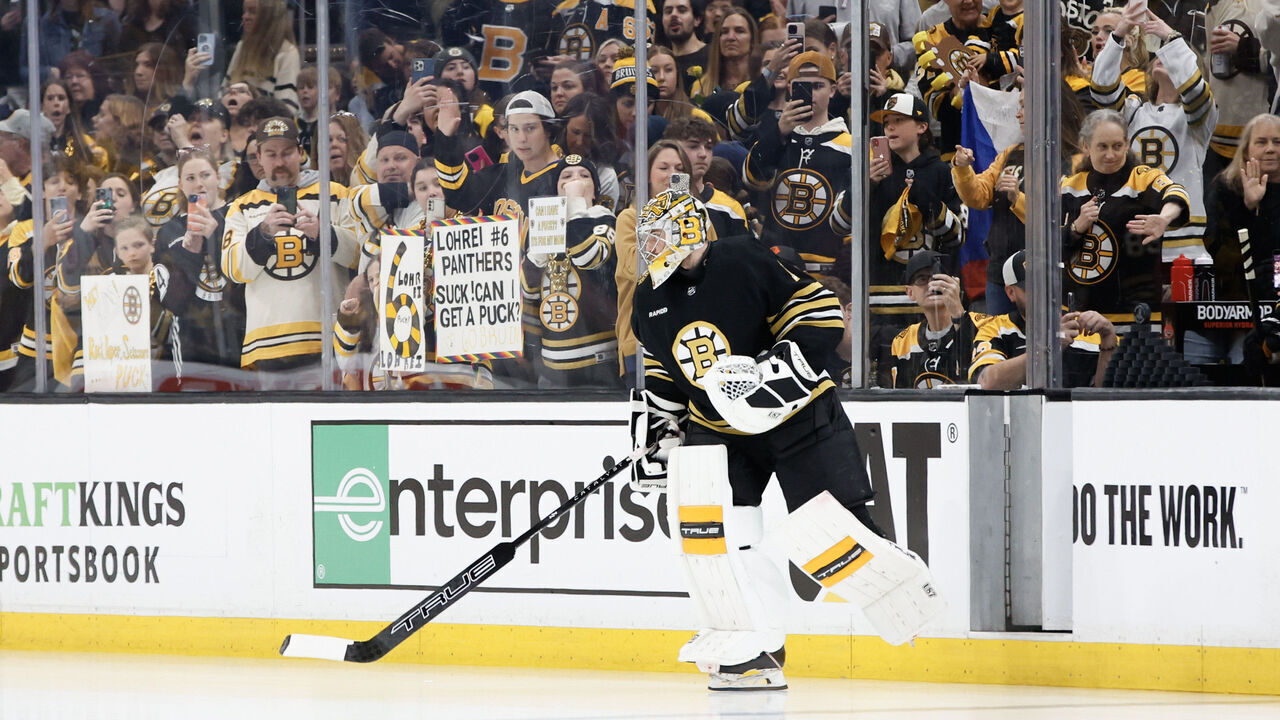 BOSTON, MASSACHUSETTS - MAY 12: Jeremy Swayman #1 of the Boston Bruins takes the ice prior to the game against the Florida Panthers in Game Four of the Second Round of the 2024 Stanley Cup Playoffs at TD Garden on May 12, 2024 in Boston, Massachusetts.