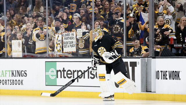 BOSTON, MASSACHUSETTS - MAY 12: Jeremy Swayman #1 of the Boston Bruins takes the ice prior to the game against the Florida Panthers in Game Four of the Second Round of the 2024 Stanley Cup Playoffs at TD Garden on May 12, 2024 in Boston, Massachusetts.
