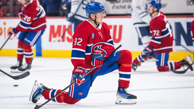 MONTREAL, QC - SEPTEMBER 28: Patrik Laine (92) of the Montreal Canadiens stretches during the warmup of the NHL pre-season game between the Toronto Maple Leafs and the Montreal Canadiens on Sept 28, 2024, at the Bell Centre in Montreal, QC