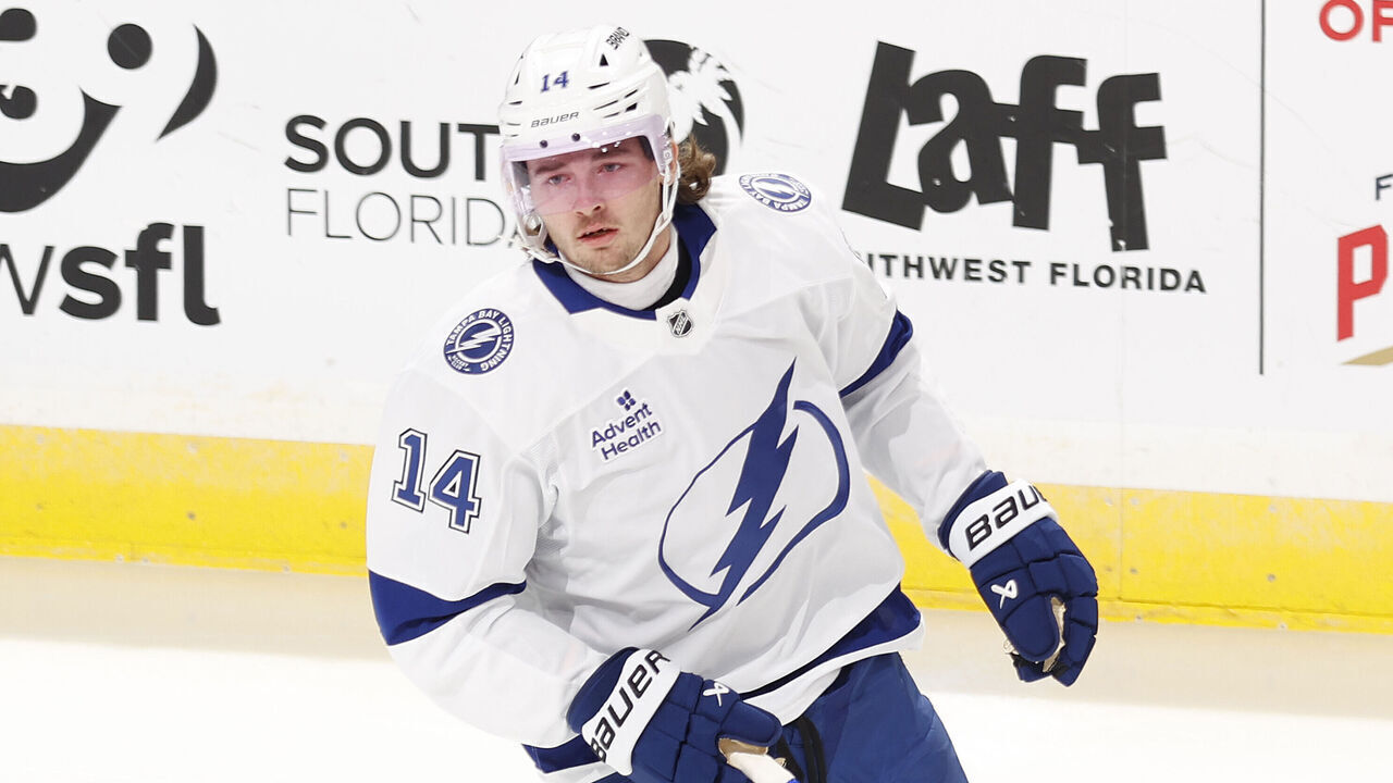 SUNRISE, FL - SEPTEMBER 30: Conor Geekie #13 of the Tampa Bay Lightning warms up prior to the preseason game against the Florida Panthers at the Amerant Bank Arena on September 30, 2024 in Sunrise, Florida.