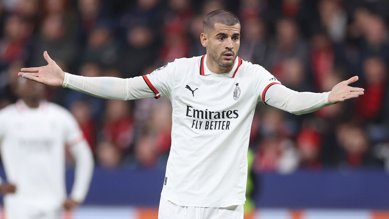LEVERKUSEN, GERMANY - OCTOBER 01: Alvaro Morata of Milan looks on during the UEFA Champions League 2024/25 League Phase MD2 match between Bayer 04 Leverkusen and AC Milan at BayArena on October 01, 2024 in Leverkusen, Germany.