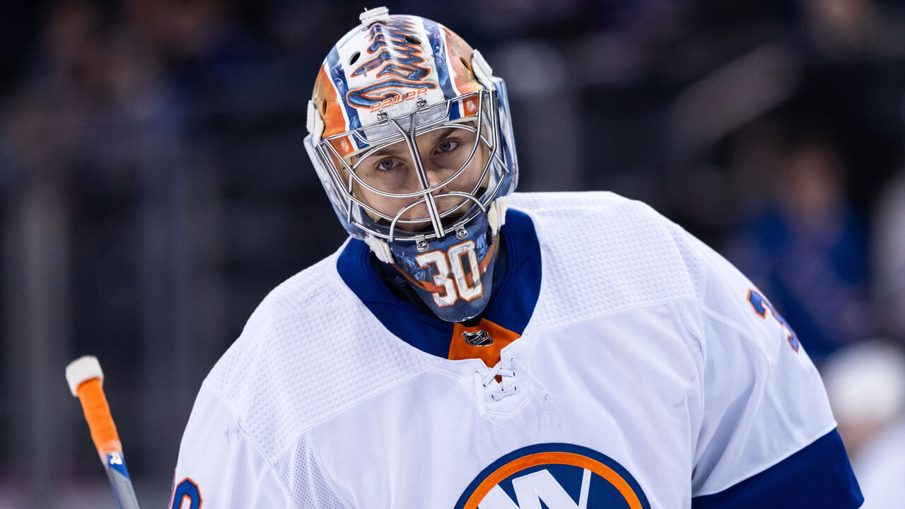 NEW YORK, NEW YORK - APRIL 13: Ilya Sorokin #30 of the New York Islanders skates during warmups prior to the game against the New York Rangers at Madison Square Garden on April 13, 2024 in New York City.