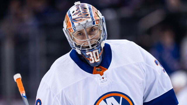 NEW YORK, NEW YORK - APRIL 13: Ilya Sorokin #30 of the New York Islanders skates during warmups prior to the game against the New York Rangers at Madison Square Garden on April 13, 2024 in New York City.