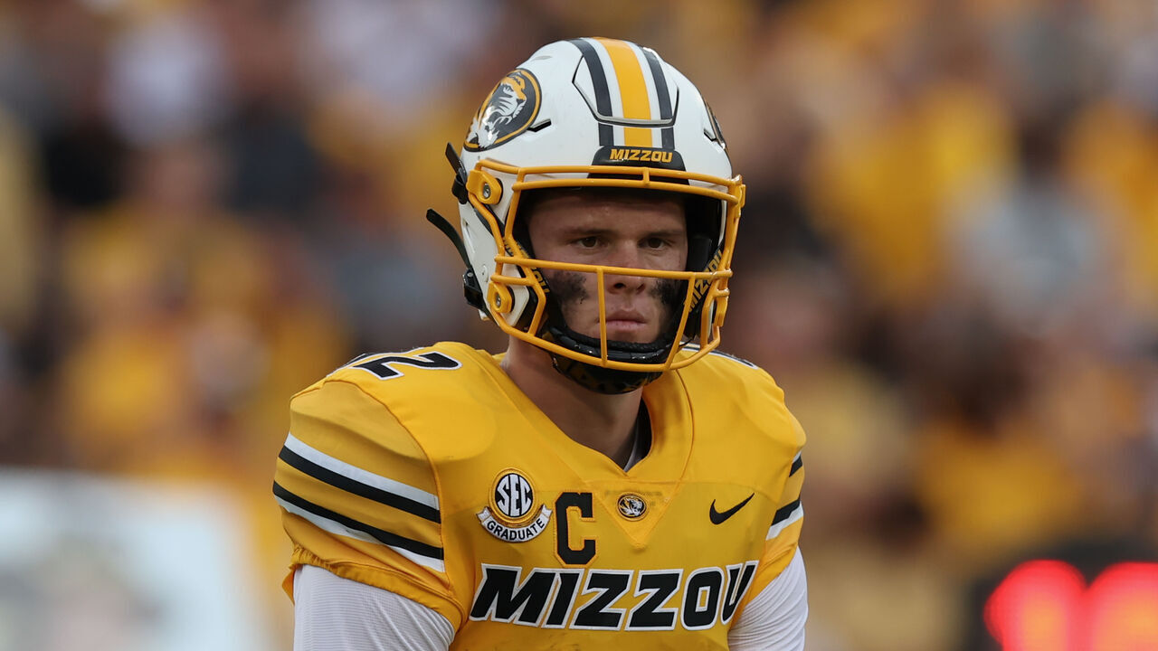 COLUMBIA, MO - SEPTEMBER 21: Missouri Tigers quarterback Brady Cook (12) looks to the sidelines in the third quarter of an SEC football game between the Vanderbilt Commodores and Missouri Tigers on September 21, 2024 at Memorial Stadium in Columbia, MO.