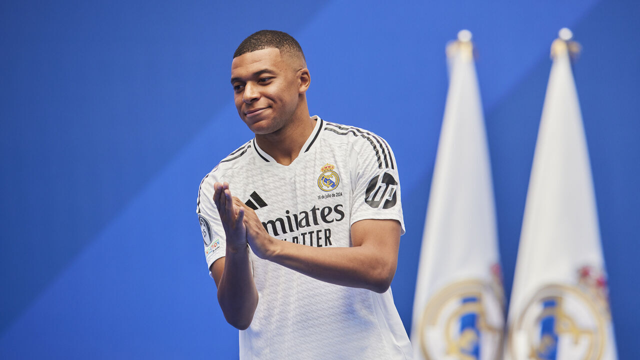 MADRID, SPAIN - JULY 16: Kylian Mbappe during the Real Madrid Unveils New Signing Kylian Mbappe at Estadio Santiago Bernabeu on July 16, 2024 in Madrid, Spain.