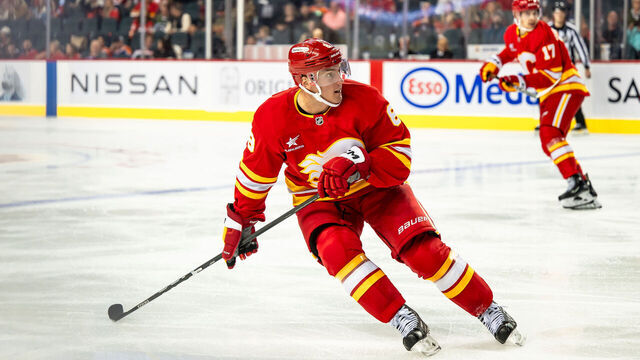 CALGARY, AB - SEPTEMBER 23: Calgary Flames Defenceman Tyson Barrie (8) in action against the Edmonton Oilers during the third period of an NHL preseason game on September 23, 2024, at the Scotiabank Saddledome in Calgary, AB.