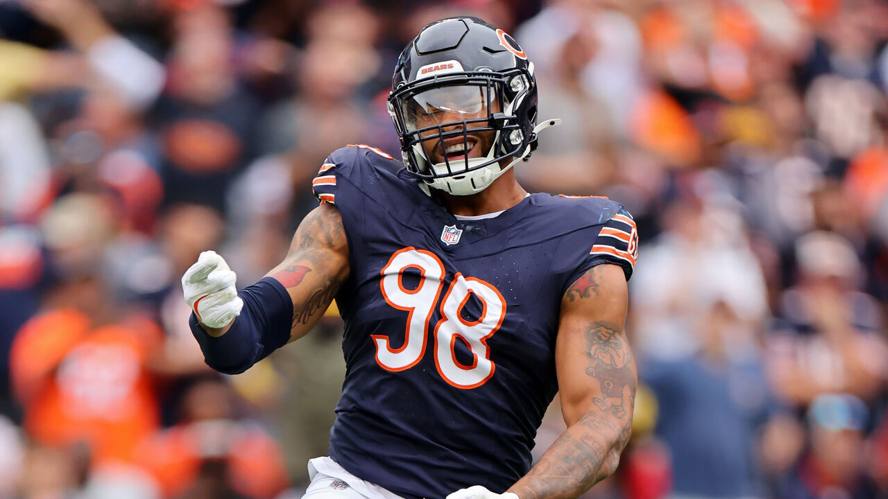 CHICAGO, ILLINOIS - SEPTEMBER 29: Montez Sweat #98 of the Chicago Bears celebrates after forcing a fumble by Matthew Stafford (not pictured) of the Los Angeles Rams during the second quarter at Soldier Field on September 29, 2024 in Chicago, Illinois.