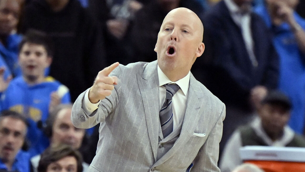 LAS VEGAS, NEVADA - MARCH 14: Head coach Mick Cronin of the UCLA Bruins calls to his team in the second half of a quarterfinal game against the Oregon Ducks of the Pac-12 Conference basketball tournament at T-Mobile Arena on March 14, 2024 in Las Vegas, Nevada. The Ducks defeated the Bruins 68-66.