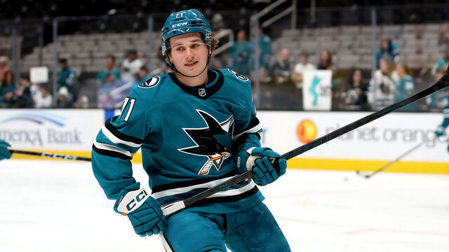 SAN JOSE, CALIFORNIA - OCTOBER 01: Macklin Celebrini #71 of the San Jose Sharks warms up before their preseason game against the Utah Hockey Club at SAP Center on October 01, 2024 in San Jose, California.