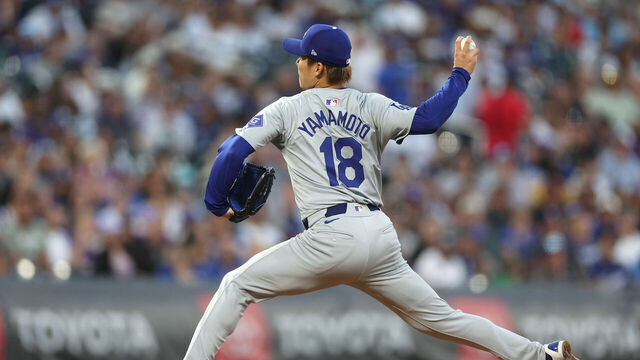 DENVER, COLORADO - SEPTEMBER 28: Starting pitcher Yoshinobu Yamamoto #18 of the Los Angeles Dodger throws against the Colorado Rockies in the second inning at Coors Field on September 28, 2024 in Denver, Colorado.