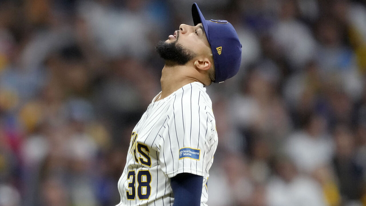 MILWAUKEE, WISCONSIN - OCTOBER 03: Devin Williams #38 of the Milwaukee Brewers reacts in the ninth inning against the New York Mets during Game Three of the Wild Card Series at American Family Field on October 03, 2024 in Milwaukee, Wisconsin.