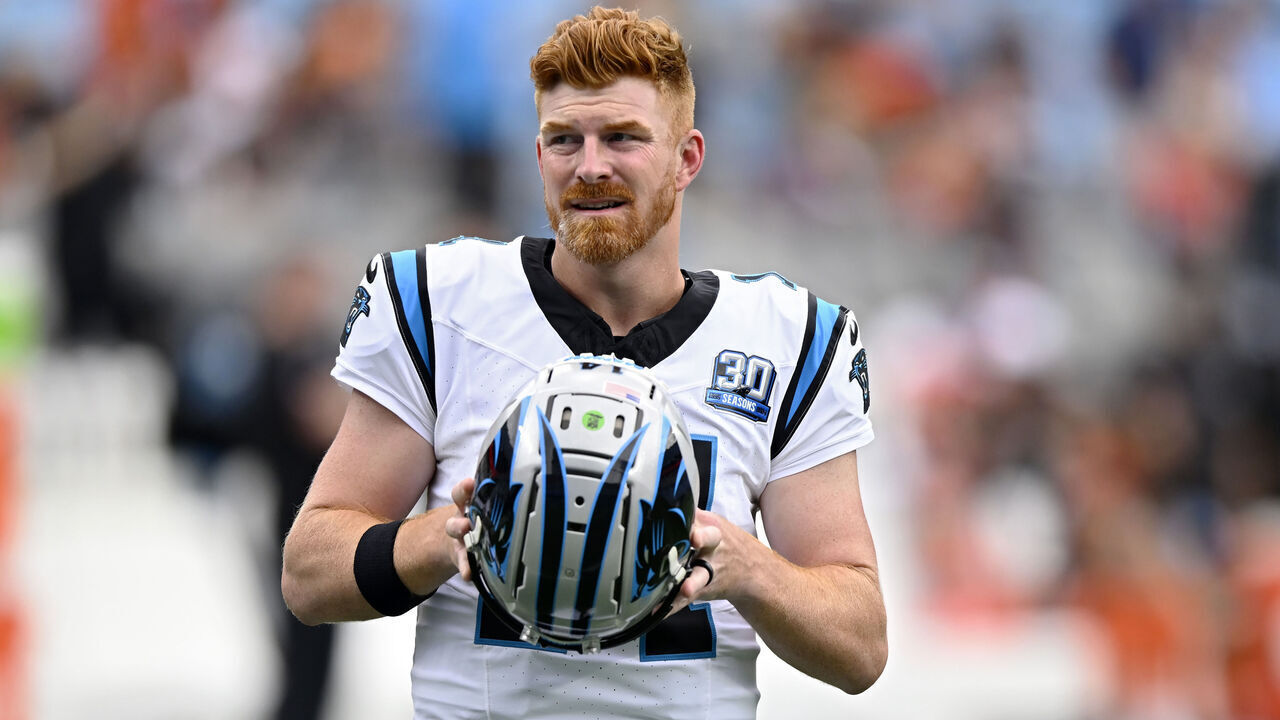 CHARLOTTE, NORTH CAROLINA - SEPTEMBER 29: Andy Dalton #14 of the Carolina Panthers warms up before the game against the Cincinnati Bengals at Bank of America Stadium on September 29, 2024 in Charlotte, North Carolina.