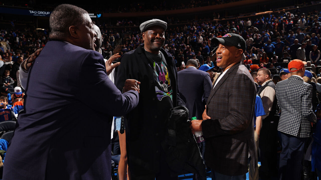 NEW YORK, NY - APRIL 30: Patrick Ewing, Bernard King and John Starks after Game One of the Eastern Conference Semi-Finals of the 2023 NBA Playoffs between the Miami Heat and the New York Knicks on April 30, 2023 at Madison Square Garden in New York City, New York. Mandatory Copyright Notice: Copyright 2023 NBAE