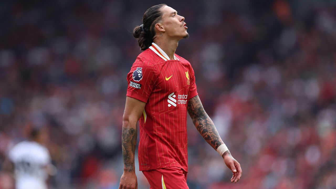 LIVERPOOL, ENGLAND - SEPTEMBER 21: Darwin Nunez of Liverpool FC reacts during the Premier League match between Liverpool FC and AFC Bournemouth at Anfield on September 21, 2024 in Liverpool, England.