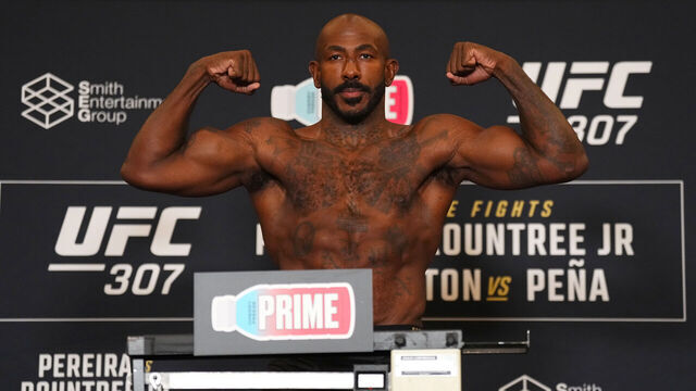 SALT LAKE CITY, UTAH - OCTOBER 04: Khalil Rountree Jr. poses on the scale during the UFC 307 official weigh-in at the Hilton Salt Lake City Center on October 04, 2024 in Salt Lake City, Utah.
