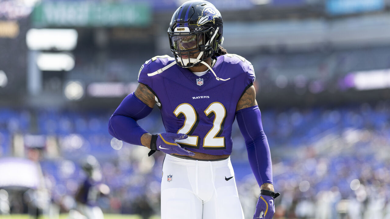 BALTIMORE, MARYLAND - SEPTEMBER 15: Derrick Henry #22 of the Baltimore Ravens looks on as he warms up prior to an NFL football game between the Baltimore Ravens and the Las Vegas Raiders at M&T Bank Stadium on September 15, 2024 in Baltimore, Maryland.