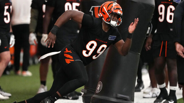 CINCINNATI, OHIO - JUNE 12: Myles Murphy #99 of the Cincinnati Bengals participates in a drill during mandatory minicamp at the IEL Indoor Facility on June 12, 2024 in Cincinnati, Ohio.
