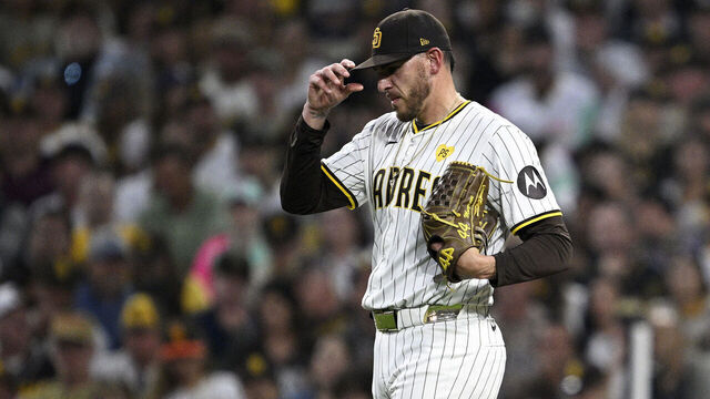 SAN DIEGO, CALIFORNIA - OCTOBER 02: Joe Musgrove #44 of the San Diego Padres adjusts his hat against the Atlanta Braves during the fourth inning in Game Two of the Wild Card Series at Petco Park on October 02, 2024 in San Diego, California.