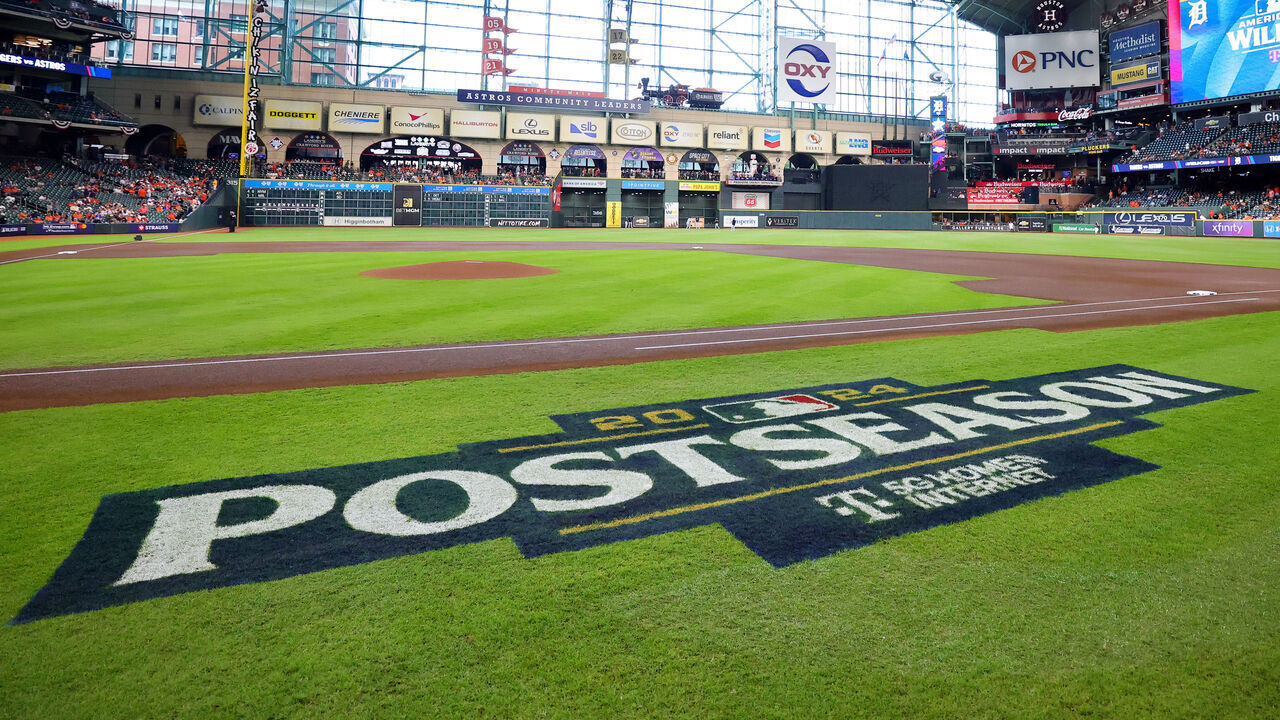 HOUSTON, TEXAS - OCTOBER 01: A general view of the 2024 Postseason logo on the field prior to Game One of the Wild Card Series between the Detroit Tigers and Houston Astros at Minute Maid Park on October 01, 2024 in Houston, Texas.
