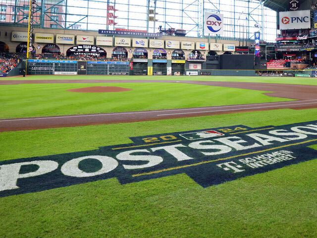 HOUSTON, TEXAS - OCTOBER 01: A general view of the 2024 Postseason logo on the field prior to Game One of the Wild Card Series between the Detroit Tigers and Houston Astros at Minute Maid Park on October 01, 2024 in Houston, Texas.