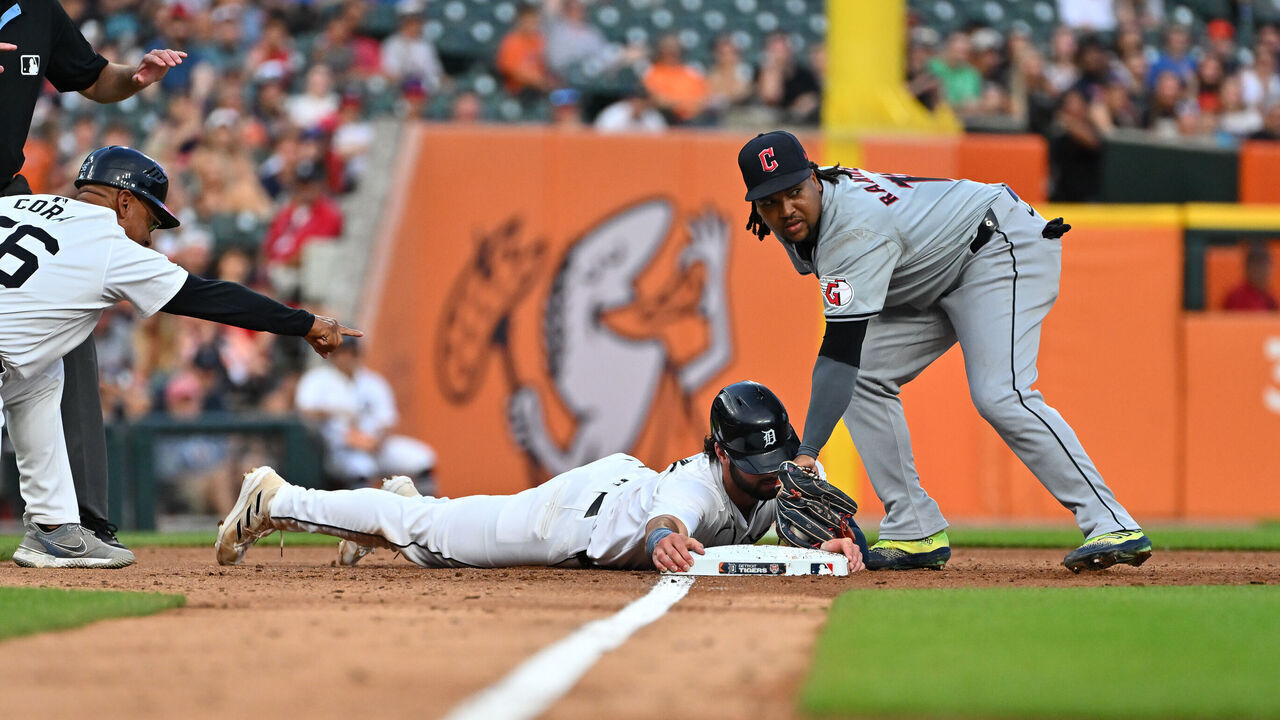 DETROIT, MI - JULY 29: Detroit Tigers third base Matt Vierling (8) goes from first to third and slides safely under the tag during the Detroit Tigers versus the Cleveland Guardians game on Monday July 29, 2024 at Comerica Park in Detroit, MI.