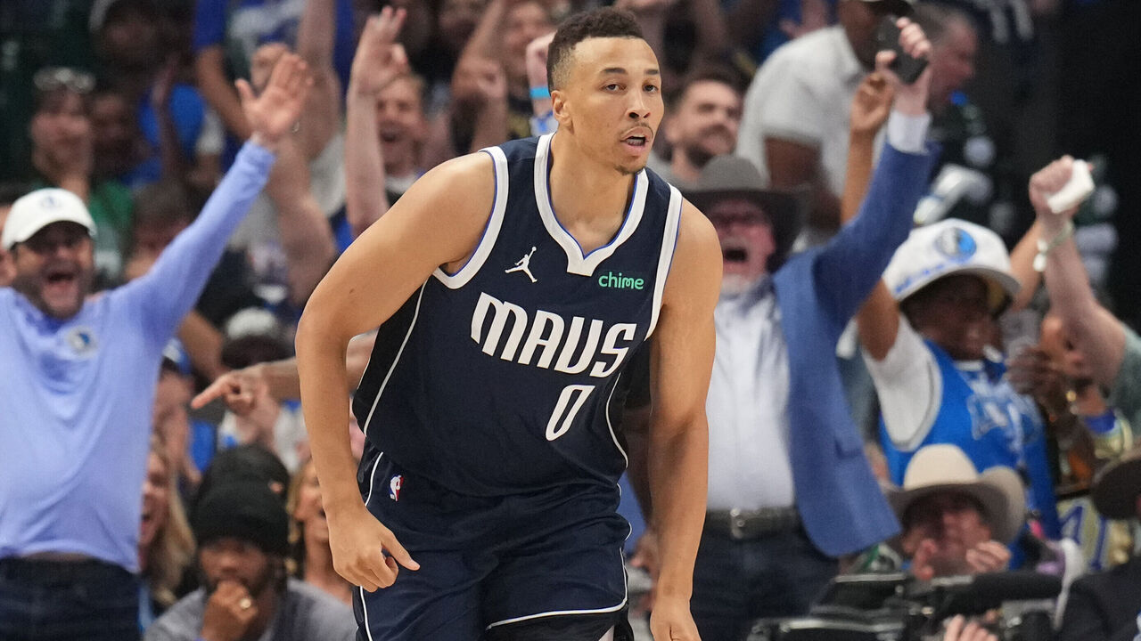 DALLAS, TX - JUNE 14: Dante Exum #0 of the Dallas Mavericks celebrates during the game against the Boston Celtics during Game 4 of the 2024 NBA Finals on June 14, 2024 at the American Airlines Center in Dallas, Texas. Mandatory Copyright Notice: Copyright 2024 NBAE