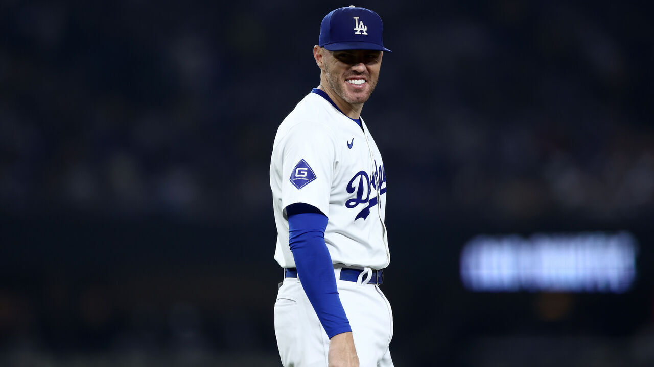 LOS ANGELES, CALIFORNIA - SEPTEMBER 24: Freddie Freeman #5 of the Los Angeles Dodgers looks on from first base during the fifth inning against the San Diego Padres at Dodger Stadium on September 24, 2024 in Los Angeles, California.