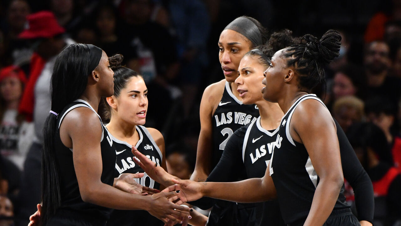 LAS VEGAS, NV - OCTOBER 4: The Las Vegas Aces huddle up during the game against the New York Liberty during Round Two Game Three of the 2024 WNBA Playoffs on October 4, 2024 at Michelob ULTRA Arena in Las Vegas, Nevada. Mandatory Copyright Notice: Copyright 2024 NBAE