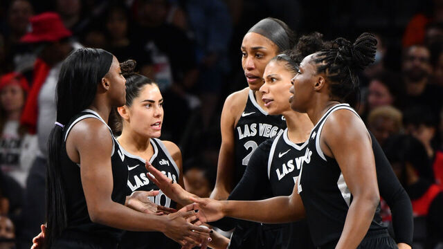 LAS VEGAS, NV - OCTOBER 4: The Las Vegas Aces huddle up during the game against the New York Liberty during Round Two Game Three of the 2024 WNBA Playoffs on October 4, 2024 at Michelob ULTRA Arena in Las Vegas, Nevada. Mandatory Copyright Notice: Copyright 2024 NBAE