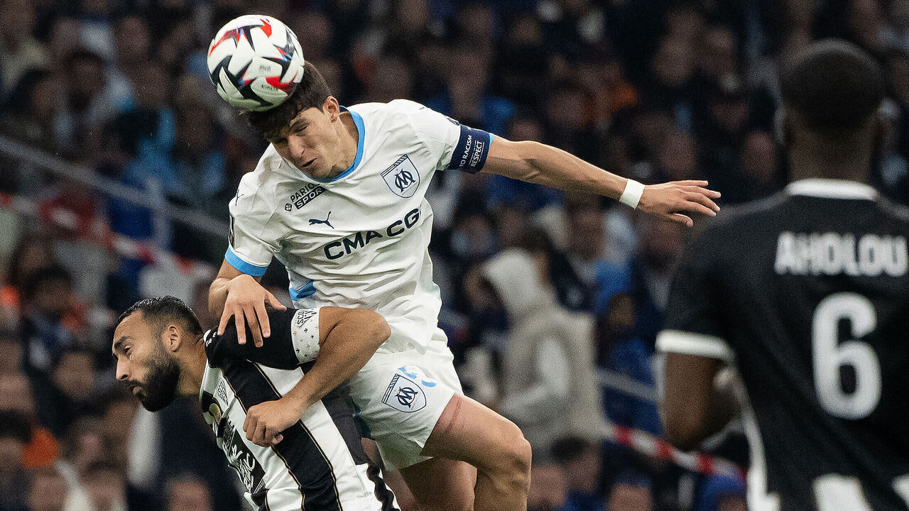 Marseille's Argentinian defender #05 Leonardo Balerdi goes for a header during the French L1 football match between Olympique de Marseille (OM) and SCO Angers at Stade Velodrome in Marseille, southern France on October 4, 2024.