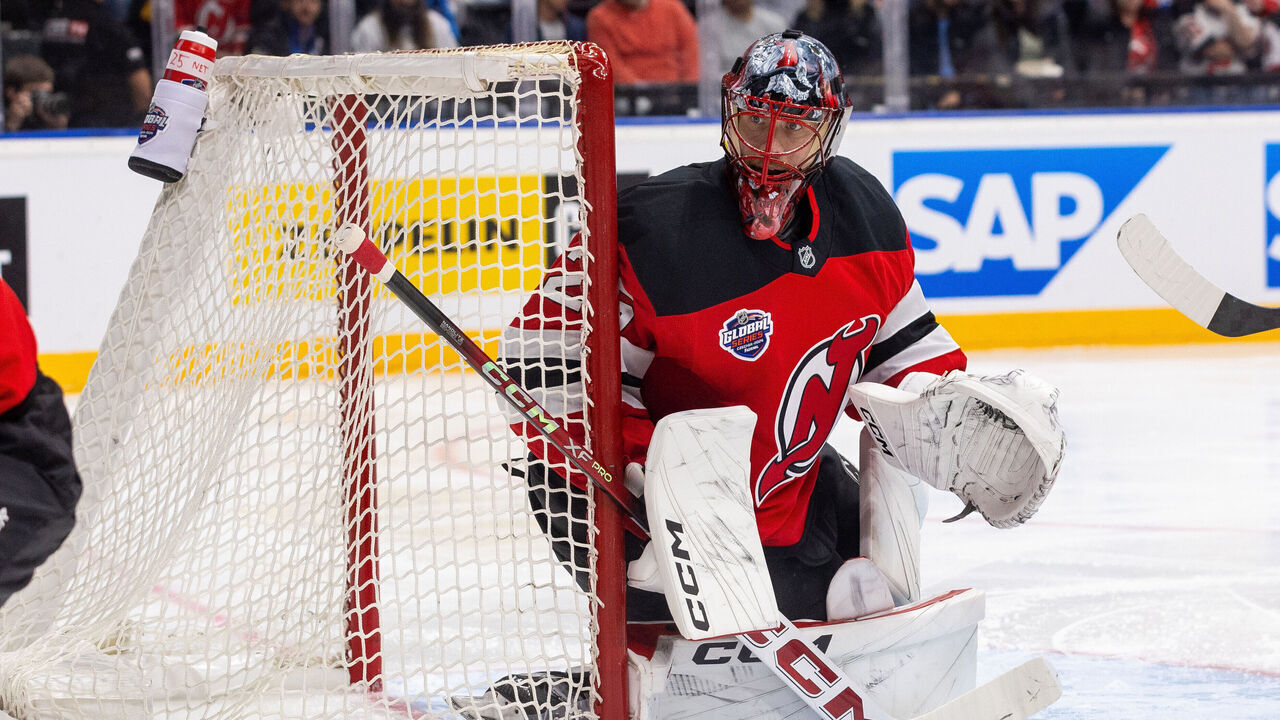 PRAGUE, CZECH REPUBLIC - OCTOBER 04: Jacob Markstrom #25 of the New Jersey Devils watches play behind the net during the second period 2024 NHL Global Series-Czechia game between the New Jersey Devils and the Buffalo Sabres at O2 Arena on October 04, 2024 in Prague, Czech Republic.