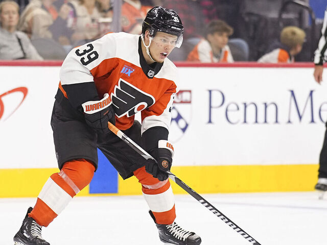 PHILADELPHIA, PENNSYLVANIA - SEPTEMBER 28: Matvei Michkov #39 of the Philadelphia Flyers controls the puck against the Boston Bruins during the preseason game at the Wells Fargo Center on September 28, 2024 in Philadelphia, Pennsylvania.
