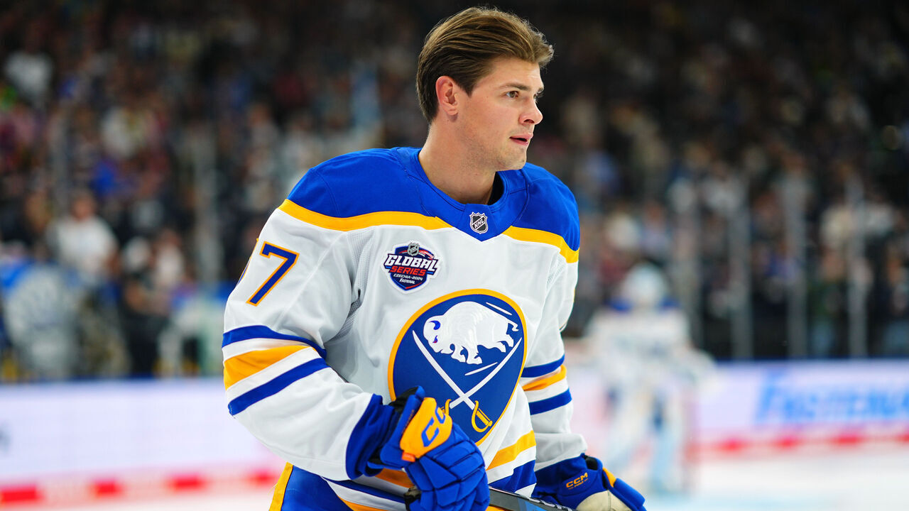 MUNICH, GERMANY - SEPTEMBER 27: JJ Peterka #77 of the Buffalo Sabres skates during warm-up before the 2024 NHL Global Series Challenge Germany between the Buffalo Sabres and EHC Red Bull München at SAP Garden on September 27, 2024 in Munich, Germany.