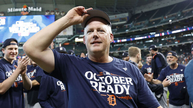 HOUSTON, TEXAS - OCTOBER 02: Manager A.J. Hinch #14 of the Detroit Tigers celebrates after defeating the Houston Astros 5-2 during Game Two of the Wild Card Series at Minute Maid Park on October 02, 2024 in Houston, Texas.