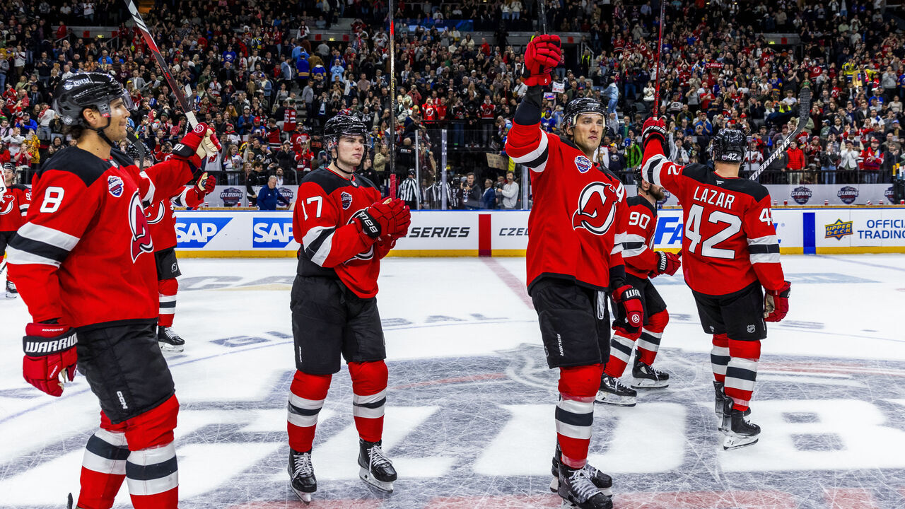 PRAGUE, CZECH REPUBLIC - OCTOBER 05: The New Jersey Devils salute fans following a win against the Buffalo Sabres at the 2024 NHL Global Series Czechia on October 05, 2024 in Prague, Czech Republic.