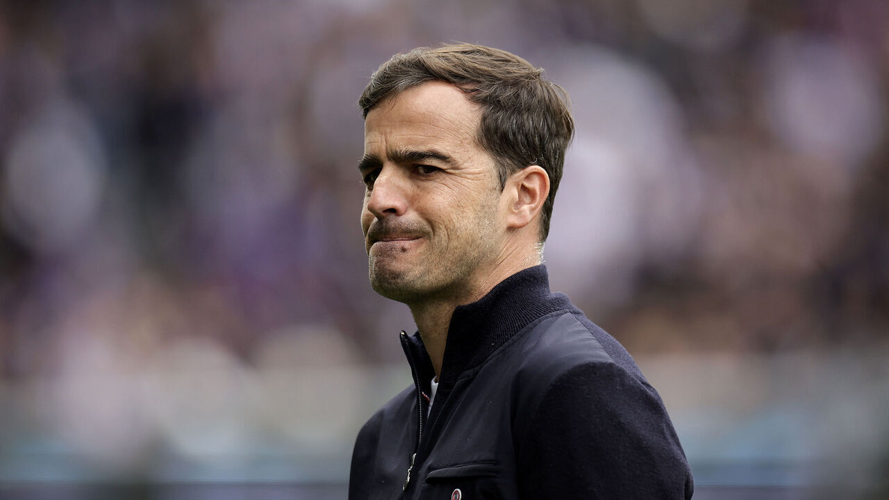 Toulouse's Spanish head coach Carles Martinez Novell looks on ahead of the French L1 football match between Toulouse Football Club and RC Strasbourg at the Stadium TFC in Toulouse, south-western France, on April 7, 2024.