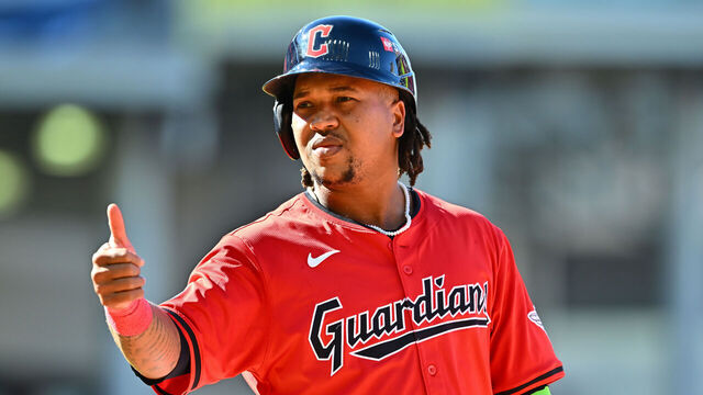 CLEVELAND, OHIO - OCTOBER 05: José Ramírez #11 of the Cleveland Guardians reacts during the sixth inning against the Detroit Tigers in Game One of the Division Series at Progressive Field on October 05, 2024 in Cleveland, Ohio.