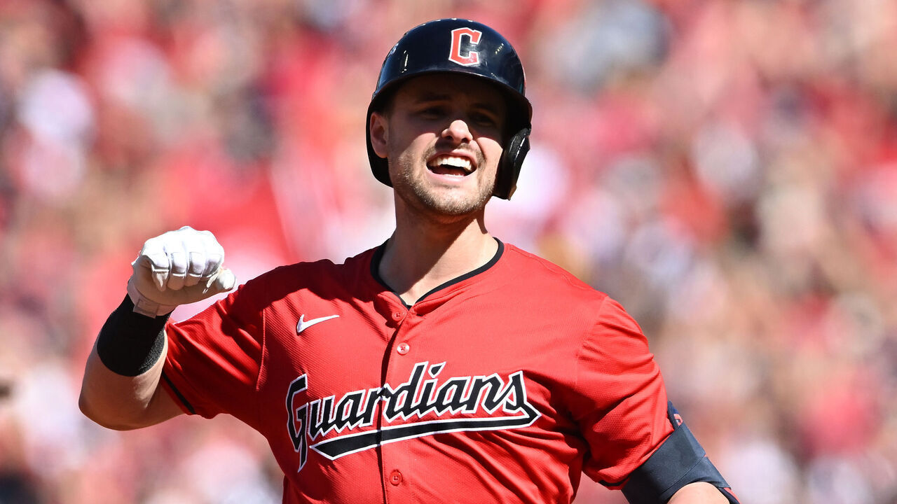 CLEVELAND, OHIO - OCTOBER 05: Lane Thomas #8 of the Cleveland Guardians reacts as he rounds the bases after hitting a three-run home run during the first inning against the Detroit Tigers in Game One of the Division Series at Progressive Field on October 05, 2024 in Cleveland, Ohio.