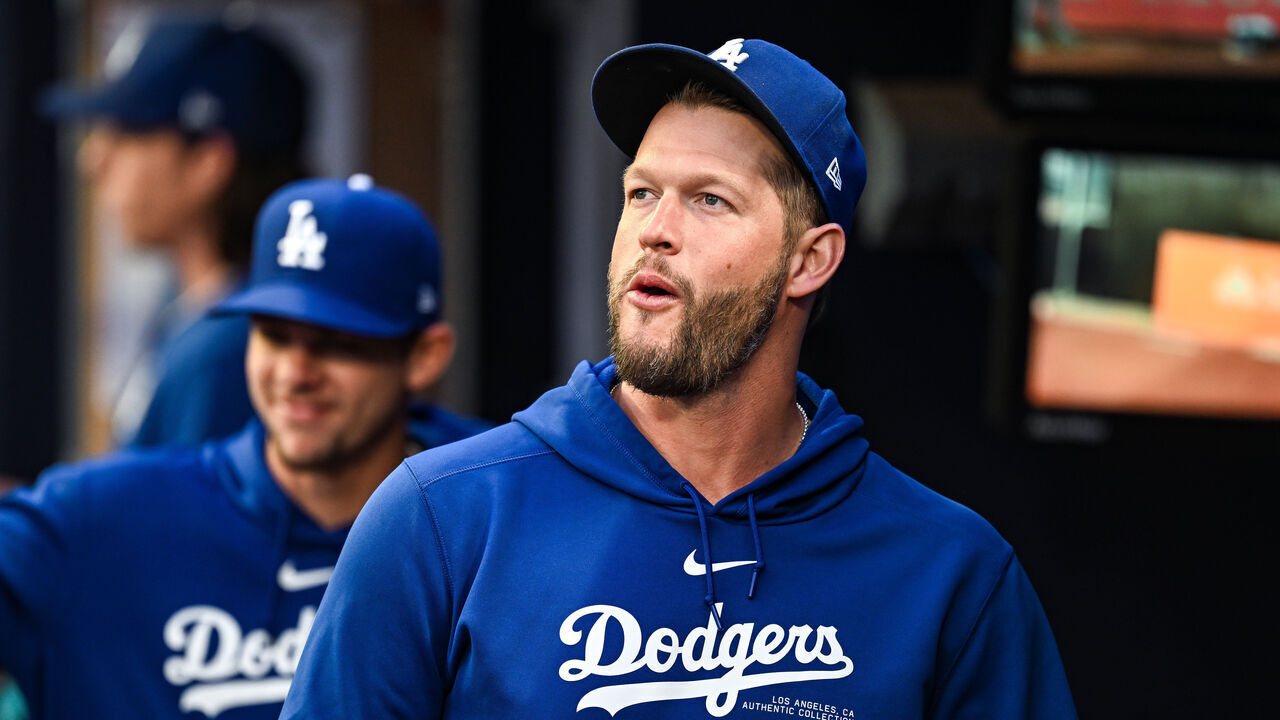 ATLANTA, GA SEPTEMBER 13: Injured Los Angeles pitcher Clayton Kershaw (22) in the dugout prior to the start of the MLB game between the Los Angeles Dodgers and the Atlanta Braves on September 13th, 2024 at Truist Park in Atlanta, GA.