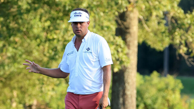 JACKSON, MISSISSIPPI - OCTOBER 05: Keith Mitchell of the United States reacts to his putt on the 17th green during the third round of the Sanderson Farms Championship 2024 at the Country Club of Jackson on October 05, 2024 in Jackson, Mississippi.