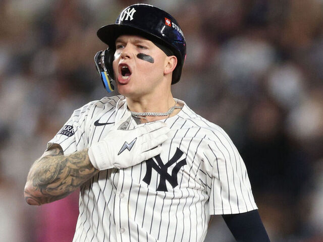 NEW YORK, NEW YORK - OCTOBER 05: Alex Verdugo #24 of the New York Yankees celebrates after hitting an RBI single against the Kansas City Royals during the seventh inning in Game One of the Division Series at Yankee Stadium on October 05, 2024 in New York City.
