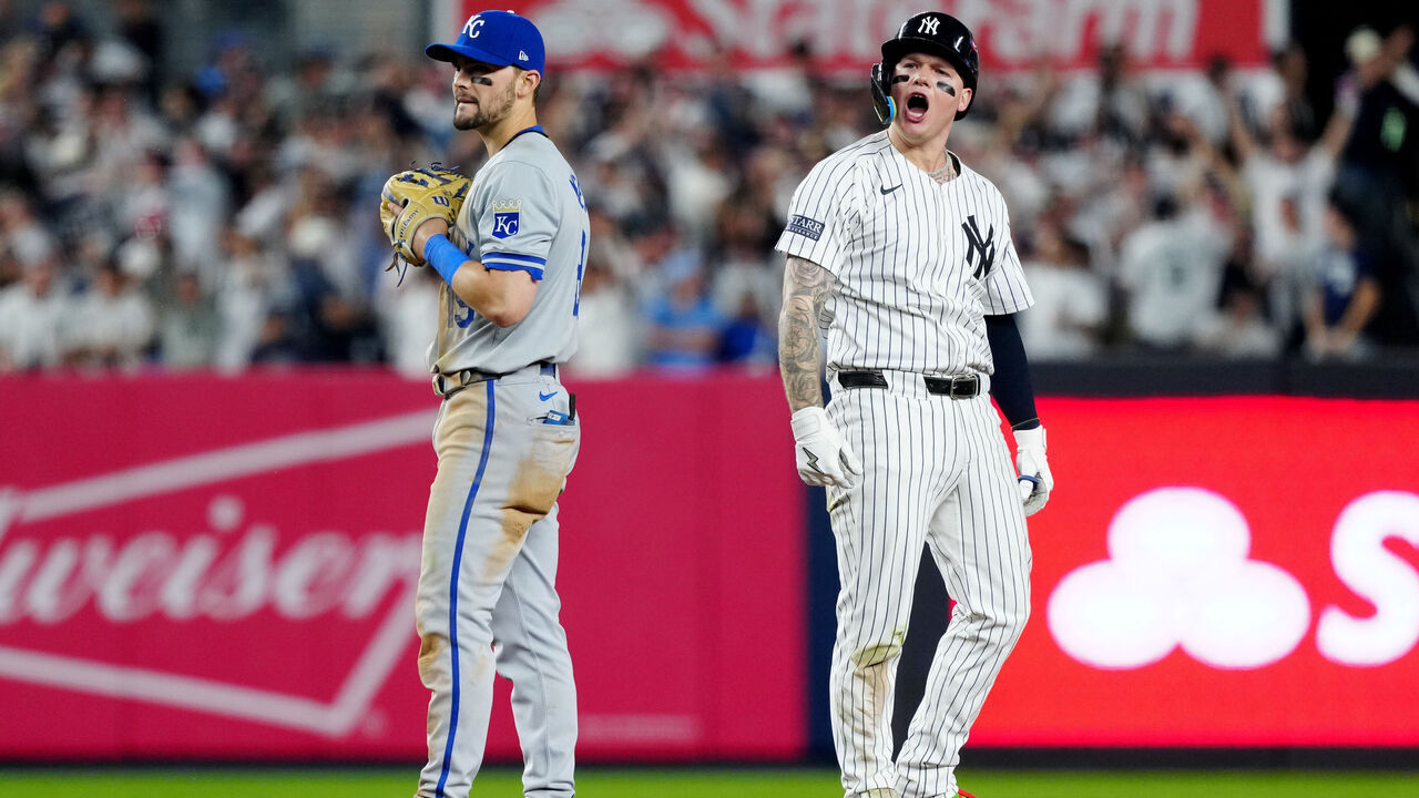 NEW YORK, NY - OCTOBER 05: Alex Verdugo #24 of the New York Yankees reacts to hitting an RBI single in the seventh inning during Game 1 of the Division Series presented by Booking.com between the Kansas City Royals and the New York Yankees at Yankee Stadium on Saturday, October 5, 2024 in New York, New York.