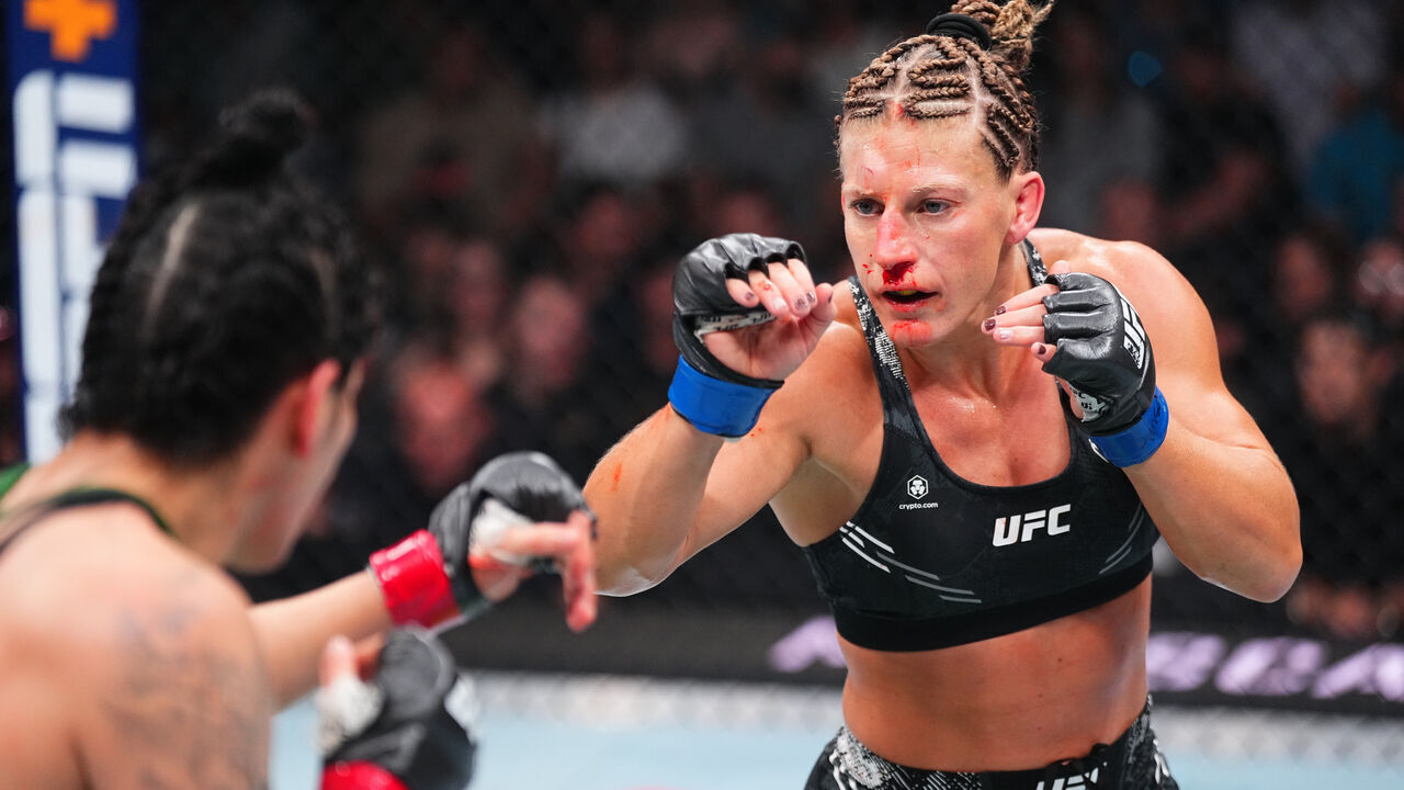 SALT LAKE CITY, UTAH - OCTOBER 05: (R-L) Kayla Harrison battles Ketlen Vieira of Brazil in a bantamweight fight during the UFC 307 event at Delta Center on October 05, 2024 in Salt Lake City, Utah.
