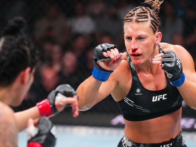 SALT LAKE CITY, UTAH - OCTOBER 05: (R-L) Kayla Harrison battles Ketlen Vieira of Brazil in a bantamweight fight during the UFC 307 event at Delta Center on October 05, 2024 in Salt Lake City, Utah.