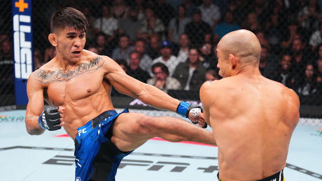 SALT LAKE CITY, UTAH - OCTOBER 05: (L-R) Mario Bautista kicks Jose Aldo of Brazil in a bantamweight fight during the UFC 307 event at Delta Center on October 05, 2024 in Salt Lake City, Utah.
