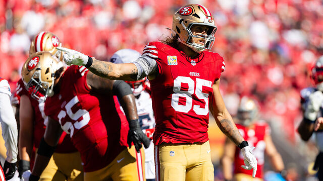 SANTA CLARA, CA - SEPTEMBER 29: San Francisco 49ers tight end George Kittle (85) signals a first down during the NFL game between the New England Patriots and the San Francisco 49ers on September 29, 2024 at Levi's Stadium in Santa Clara, CA.