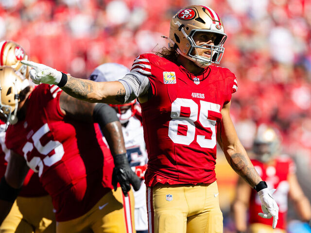 SANTA CLARA, CA - SEPTEMBER 29: San Francisco 49ers tight end George Kittle (85) signals a first down during the NFL game between the New England Patriots and the San Francisco 49ers on September 29, 2024 at Levi's Stadium in Santa Clara, CA.