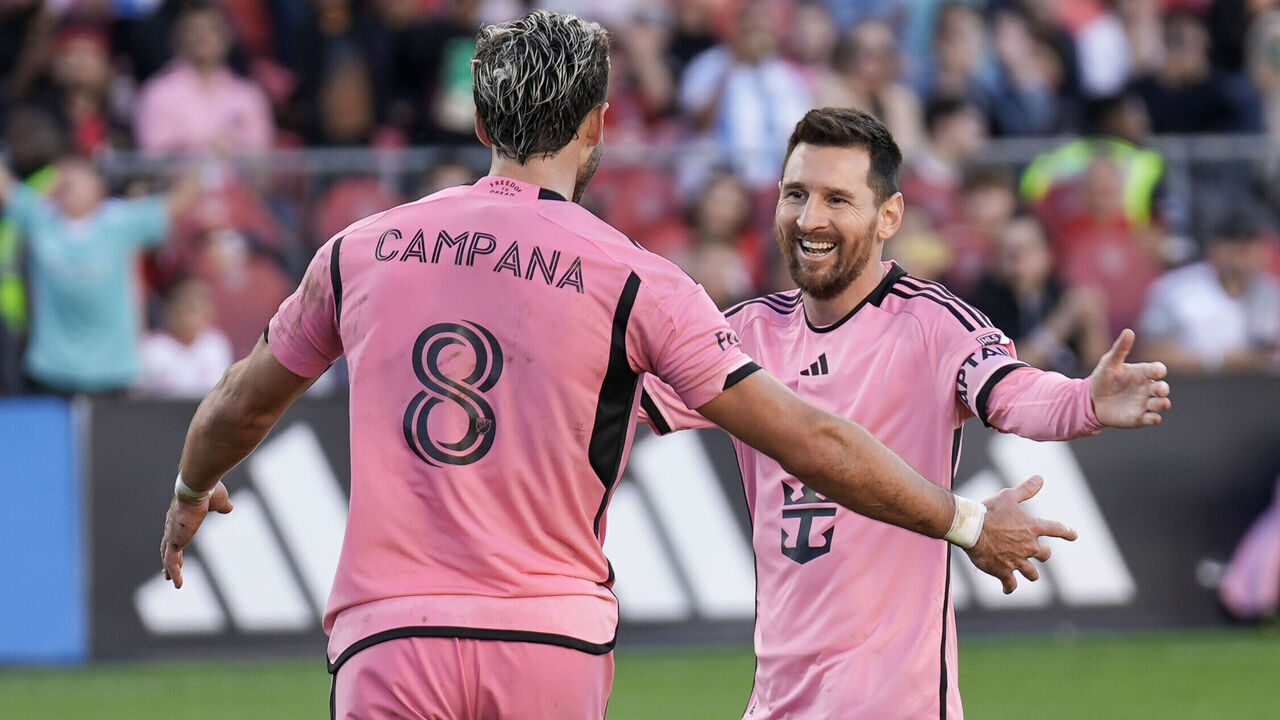 TORONTO, CANADA - OCTOBER 5 : Leonardo Campana (8) of Inter Miami CF celebrates after scoring a goal with Lionel Messi (10) during the MLS League match between Toronto FC and Inter Miami CF at BMO Field in Toronto, Canada on October 5, 2024.