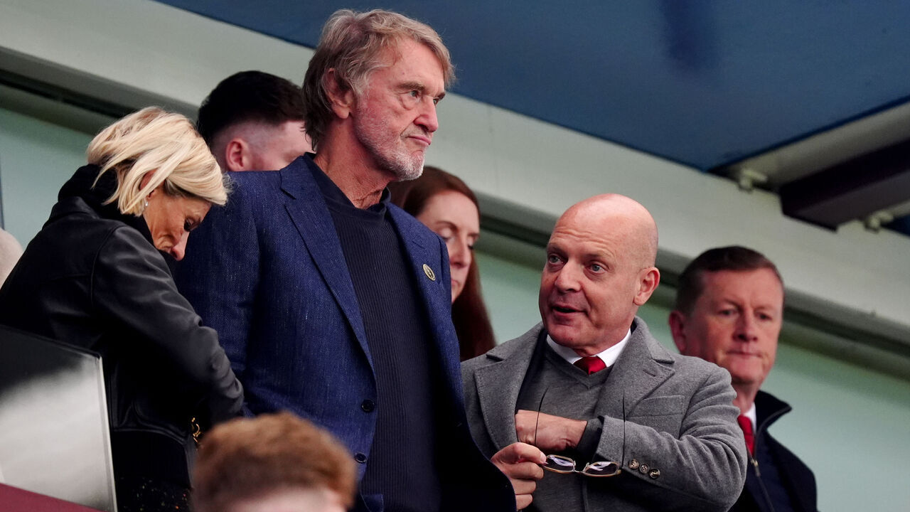 Sir Jim Ratcliffe, Ineos CEO and minority shareholder at Manchester United (left) speaks with Sir Dave Brailsford, head of sport for the INEOS group during the Premier League match at Villa Park, Birmingham. Picture date: Sunday October 6, 2024.