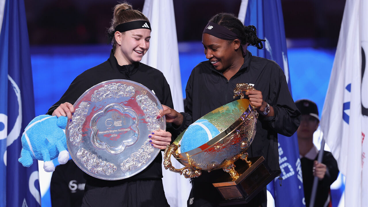 BEIJING, CHINA - OCTOBER 06: Coco Gauff (R) of the United States poses with the winners trophy with Karolina Muchova of the Czech Republic after winning the Women's Singles Finals match on Day 14 on 2024 China Open at National Tennis Center on October 06, 2024 in Beijing, China.